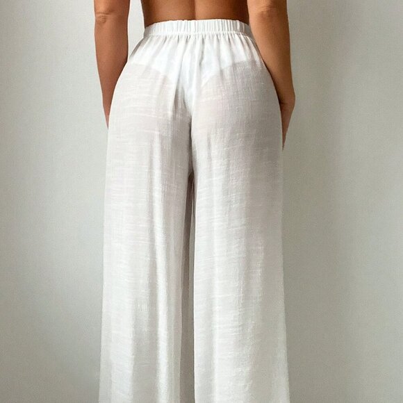 White Boho Women's Beachwear Pom-Pom Trim Tie Front Waist Splice Cover Up Pants - Picture 2 of 4